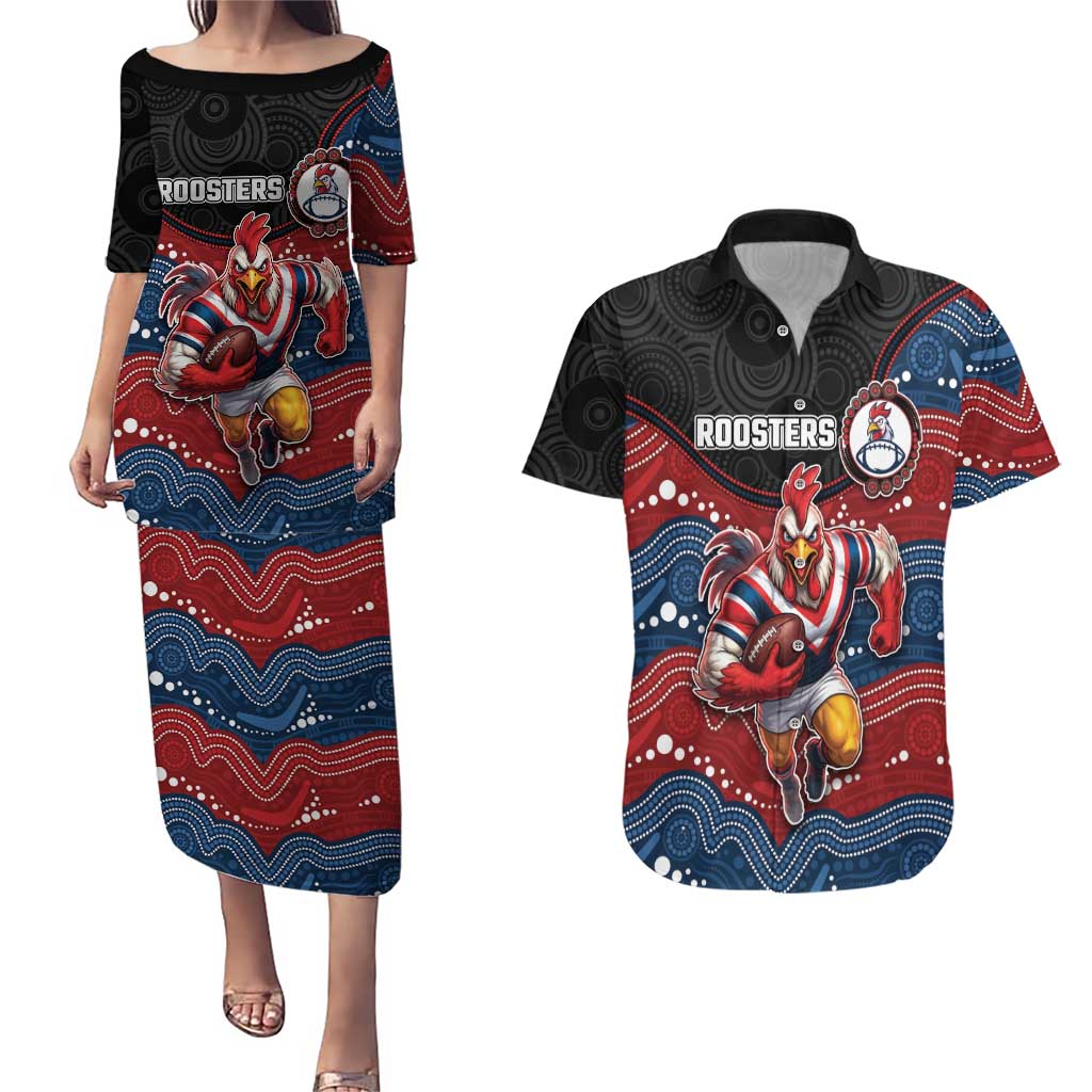 Custom Roosters Couples Matching Puletasi and Hawaiian Shirt Chicken Mascot With Aboriginal Indigenous
