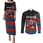 Custom Roosters Couples Matching Puletasi and Long Sleeve Button Shirt Chicken Mascot With Aboriginal Indigenous