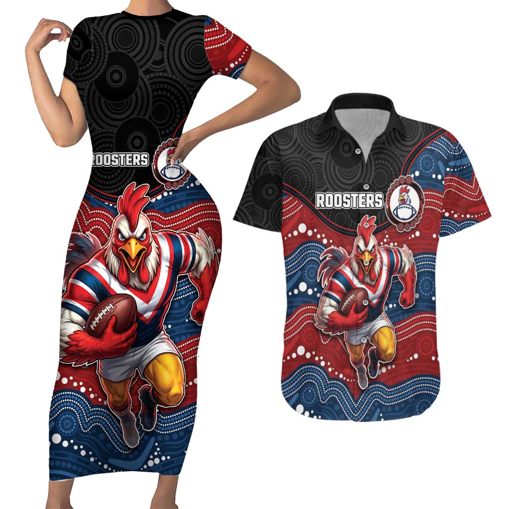 Custom Roosters Couples Matching Short Sleeve Bodycon Dress and Hawaiian Shirt Chicken Mascot With Aboriginal Indigenous