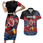 Custom Roosters Couples Matching Short Sleeve Bodycon Dress and Hawaiian Shirt Chicken Mascot With Aboriginal Indigenous