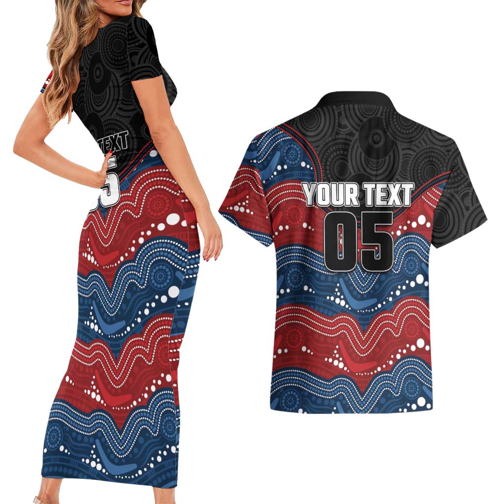 Custom Roosters Couples Matching Short Sleeve Bodycon Dress and Hawaiian Shirt Chicken Mascot With Aboriginal Indigenous