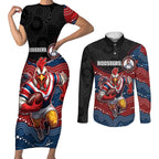 Custom Roosters Couples Matching Short Sleeve Bodycon Dress and Long Sleeve Button Shirt Chicken Mascot With Aboriginal Indigenous