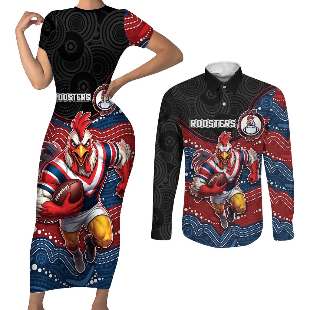 Custom Roosters Couples Matching Short Sleeve Bodycon Dress and Long Sleeve Button Shirt Chicken Mascot With Aboriginal Indigenous