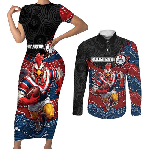 Custom Roosters Couples Matching Short Sleeve Bodycon Dress and Long Sleeve Button Shirt Chicken Mascot With Aboriginal Indigenous