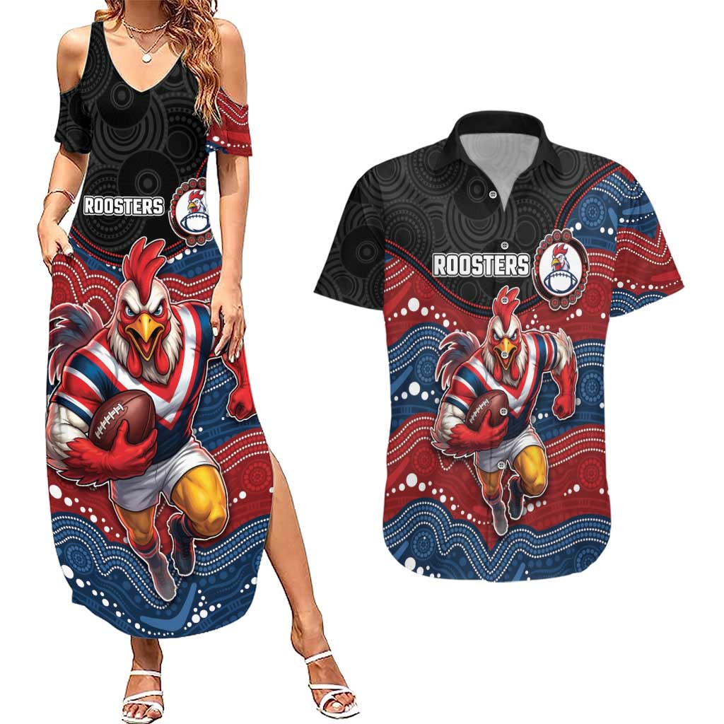 Custom Roosters Couples Matching Summer Maxi Dress and Hawaiian Shirt Chicken Mascot With Aboriginal Indigenous