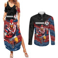 Custom Roosters Couples Matching Summer Maxi Dress and Long Sleeve Button Shirt Chicken Mascot With Aboriginal Indigenous
