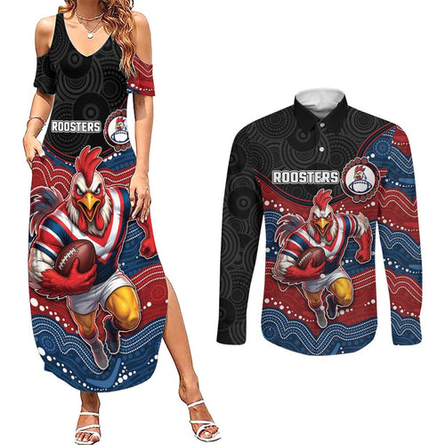 Custom Roosters Couples Matching Summer Maxi Dress and Long Sleeve Button Shirt Chicken Mascot With Aboriginal Indigenous
