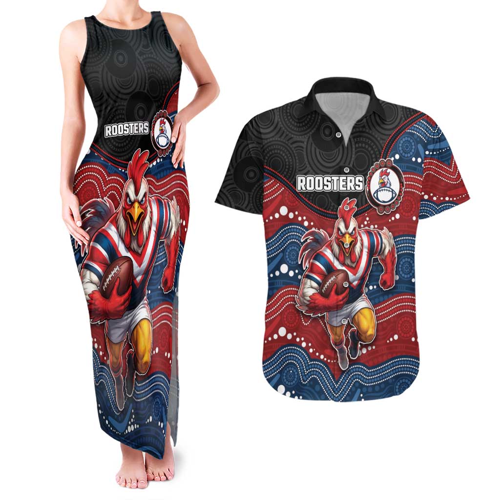 Custom Roosters Couples Matching Tank Maxi Dress and Hawaiian Shirt Chicken Mascot With Aboriginal Indigenous