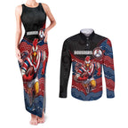 Custom Roosters Couples Matching Tank Maxi Dress and Long Sleeve Button Shirt Chicken Mascot With Aboriginal Indigenous