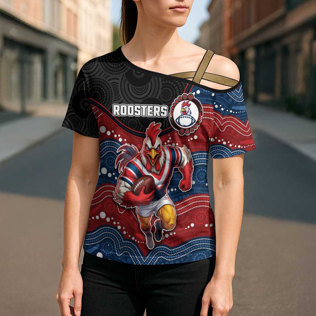 Custom Roosters Cross Shoulder Shirt Chicken Mascot With Aboriginal Indigenous