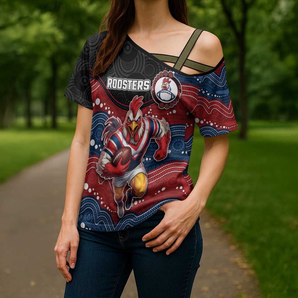 Custom Roosters Cross Shoulder Shirt Chicken Mascot With Aboriginal Indigenous
