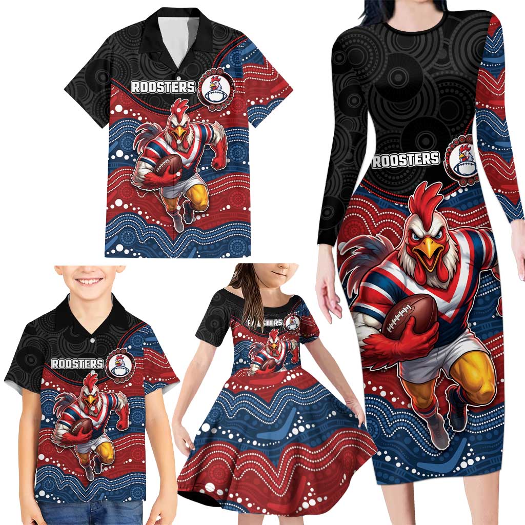 Custom Roosters Family Matching Long Sleeve Bodycon Dress and Hawaiian Shirt Chicken Mascot With Aboriginal Indigenous