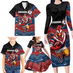Custom Roosters Family Matching Long Sleeve Bodycon Dress and Hawaiian Shirt Chicken Mascot With Aboriginal Indigenous