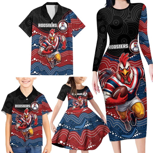 Custom Roosters Family Matching Long Sleeve Bodycon Dress and Hawaiian Shirt Chicken Mascot With Aboriginal Indigenous
