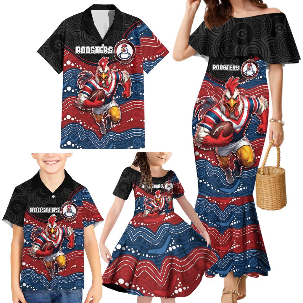 Custom Roosters Family Matching Mermaid Dress and Hawaiian Shirt Chicken Mascot With Aboriginal Indigenous