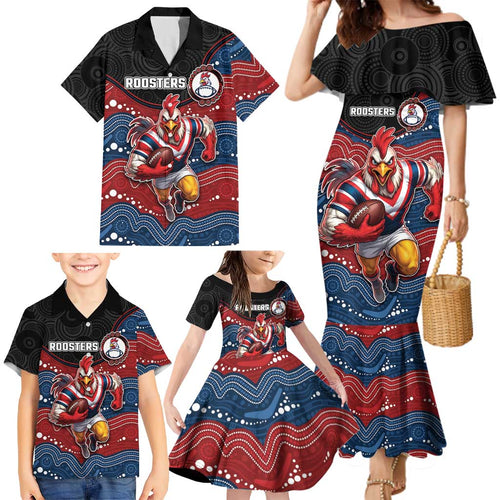 Custom Roosters Family Matching Mermaid Dress and Hawaiian Shirt Chicken Mascot With Aboriginal Indigenous