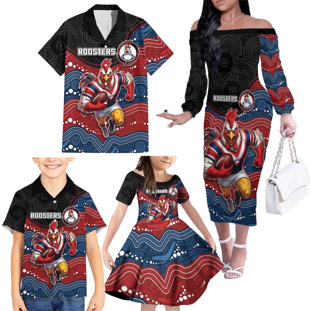 Custom Roosters Family Matching Off The Shoulder Long Sleeve Dress and Hawaiian Shirt Chicken Mascot With Aboriginal Indigenous