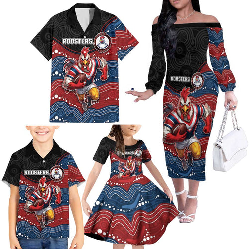 Custom Roosters Family Matching Off The Shoulder Long Sleeve Dress and Hawaiian Shirt Chicken Mascot With Aboriginal Indigenous