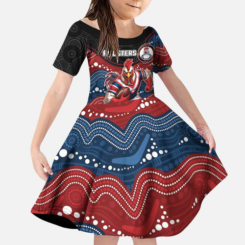 Custom Roosters Family Matching Off The Shoulder Long Sleeve Dress and Hawaiian Shirt Chicken Mascot With Aboriginal Indigenous