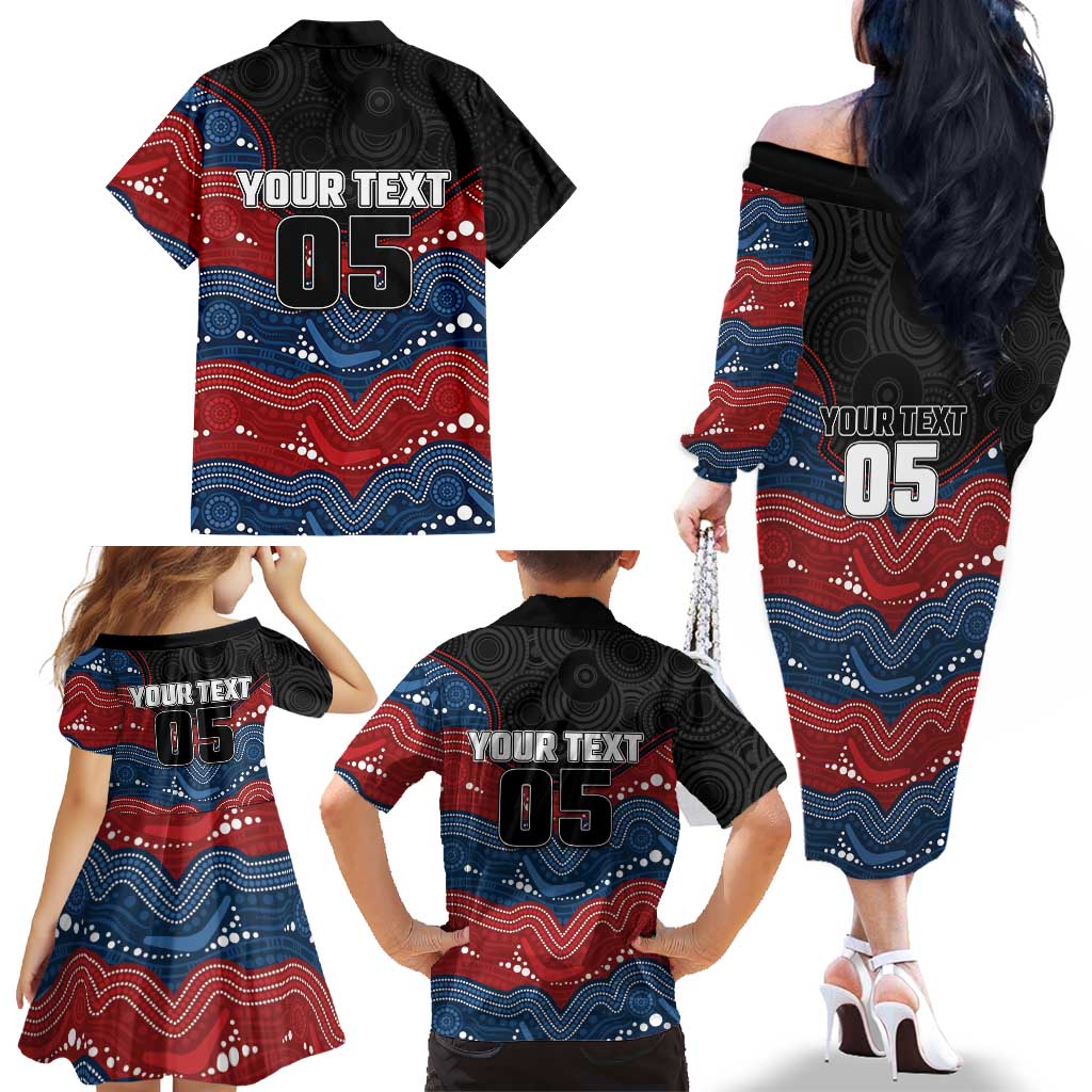 Custom Roosters Family Matching Off The Shoulder Long Sleeve Dress and Hawaiian Shirt Chicken Mascot With Aboriginal Indigenous