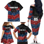 Custom Roosters Family Matching Off The Shoulder Long Sleeve Dress and Hawaiian Shirt Chicken Mascot With Aboriginal Indigenous