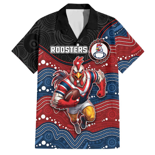 Custom Roosters Family Matching Off The Shoulder Long Sleeve Dress and Hawaiian Shirt Chicken Mascot With Aboriginal Indigenous