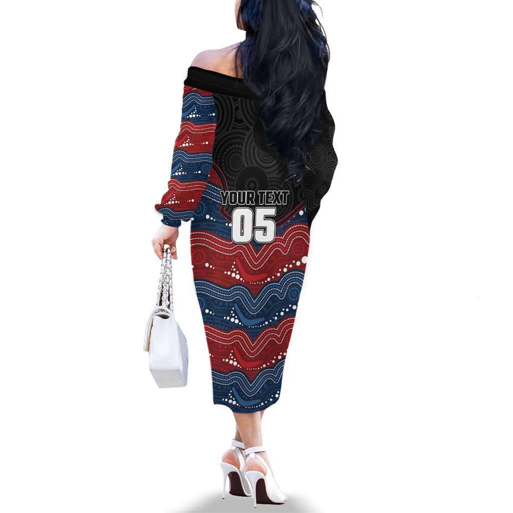 Custom Roosters Family Matching Off The Shoulder Long Sleeve Dress and Hawaiian Shirt Chicken Mascot With Aboriginal Indigenous