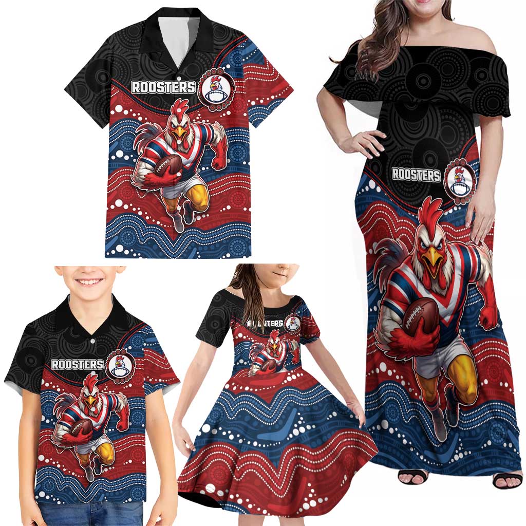 Custom Roosters Family Matching Off Shoulder Maxi Dress and Hawaiian Shirt Chicken Mascot With Aboriginal Indigenous