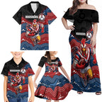 Custom Roosters Family Matching Off Shoulder Maxi Dress and Hawaiian Shirt Chicken Mascot With Aboriginal Indigenous