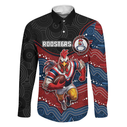 Custom Roosters Family Matching Off Shoulder Maxi Dress and Hawaiian Shirt Chicken Mascot With Aboriginal Indigenous