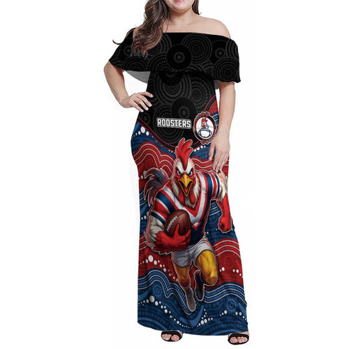 Custom Roosters Family Matching Off Shoulder Maxi Dress and Hawaiian Shirt Chicken Mascot With Aboriginal Indigenous