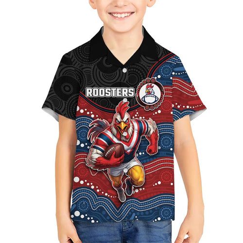 Custom Roosters Family Matching Off Shoulder Maxi Dress and Hawaiian Shirt Chicken Mascot With Aboriginal Indigenous