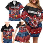 Custom Roosters Family Matching Off Shoulder Short Dress and Hawaiian Shirt Chicken Mascot With Aboriginal Indigenous