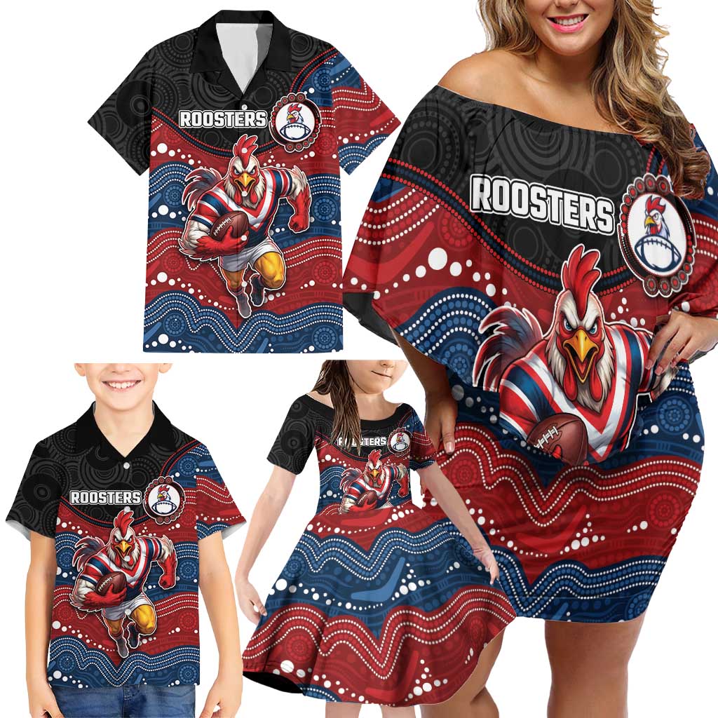 Custom Roosters Family Matching Off Shoulder Short Dress and Hawaiian Shirt Chicken Mascot With Aboriginal Indigenous
