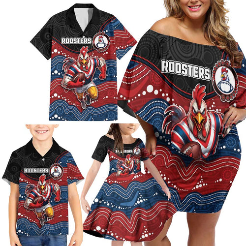 Custom Roosters Family Matching Off Shoulder Short Dress and Hawaiian Shirt Chicken Mascot With Aboriginal Indigenous