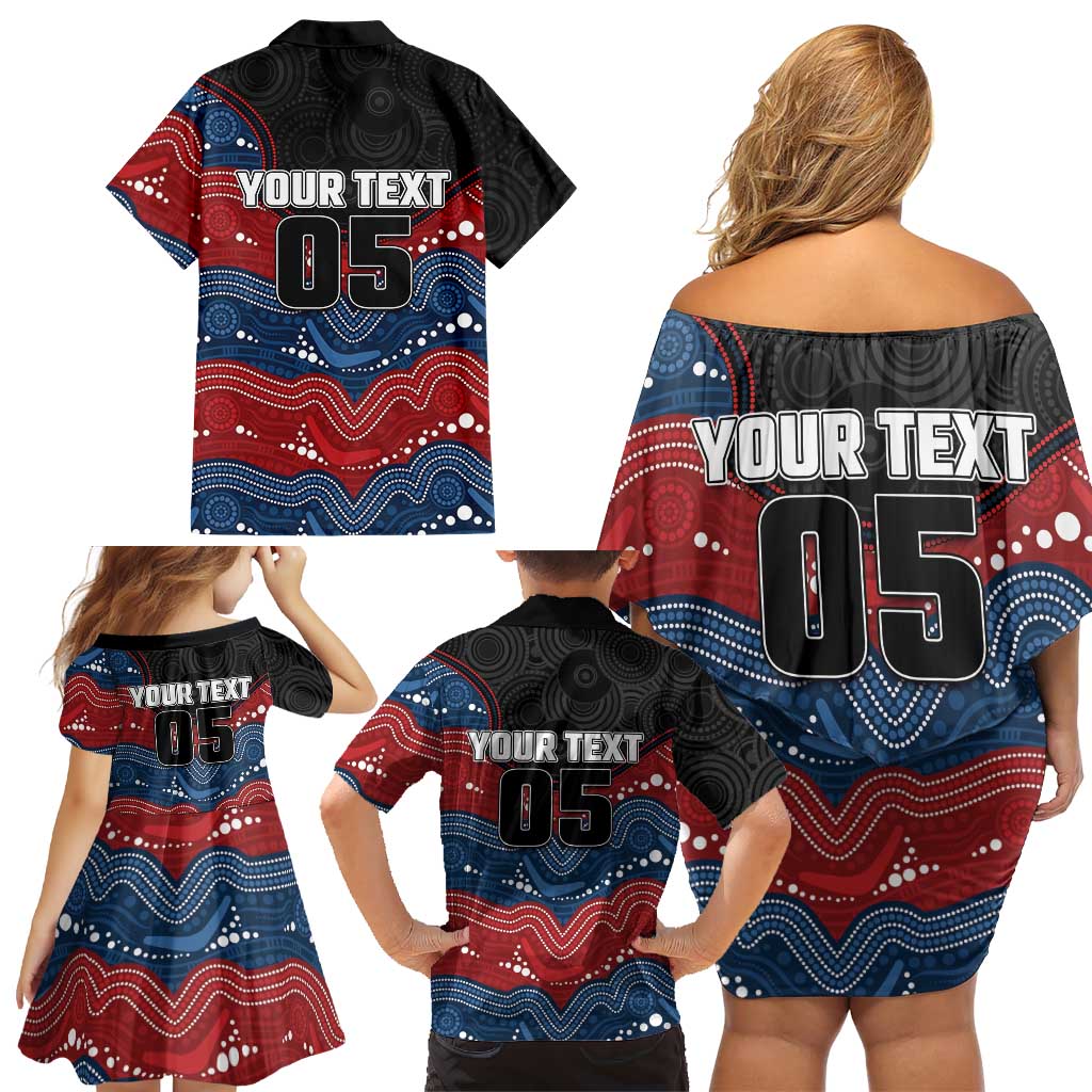Custom Roosters Family Matching Off Shoulder Short Dress and Hawaiian Shirt Chicken Mascot With Aboriginal Indigenous