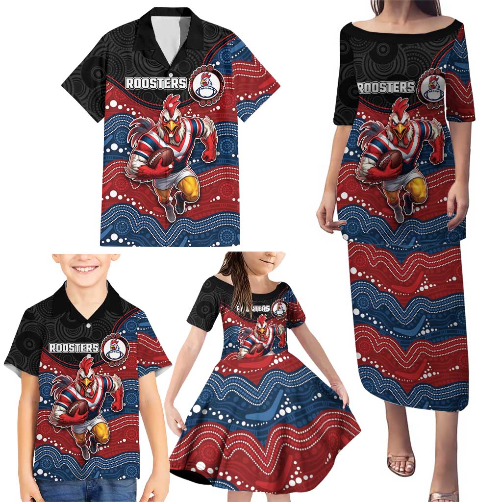 Custom Roosters Family Matching Puletasi and Hawaiian Shirt Chicken Mascot With Aboriginal Indigenous