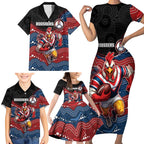 Custom Roosters Family Matching Short Sleeve Bodycon Dress and Hawaiian Shirt Chicken Mascot With Aboriginal Indigenous