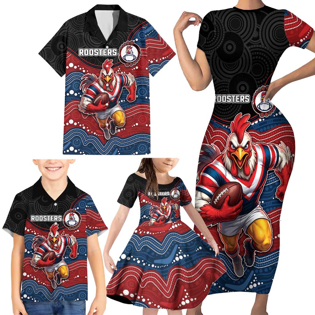 Custom Roosters Family Matching Short Sleeve Bodycon Dress and Hawaiian Shirt Chicken Mascot With Aboriginal Indigenous