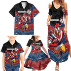 Custom Roosters Family Matching Summer Maxi Dress and Hawaiian Shirt Chicken Mascot With Aboriginal Indigenous