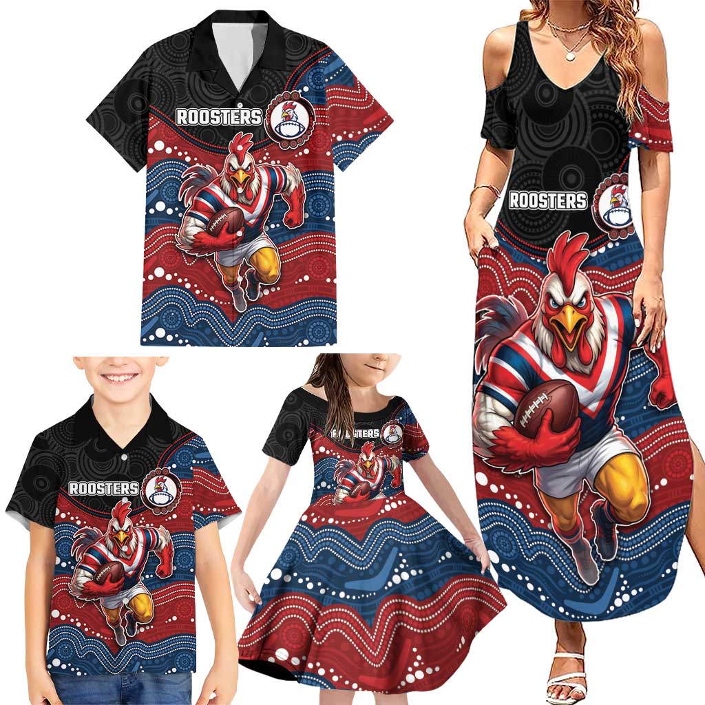 Custom Roosters Family Matching Summer Maxi Dress and Hawaiian Shirt Chicken Mascot With Aboriginal Indigenous
