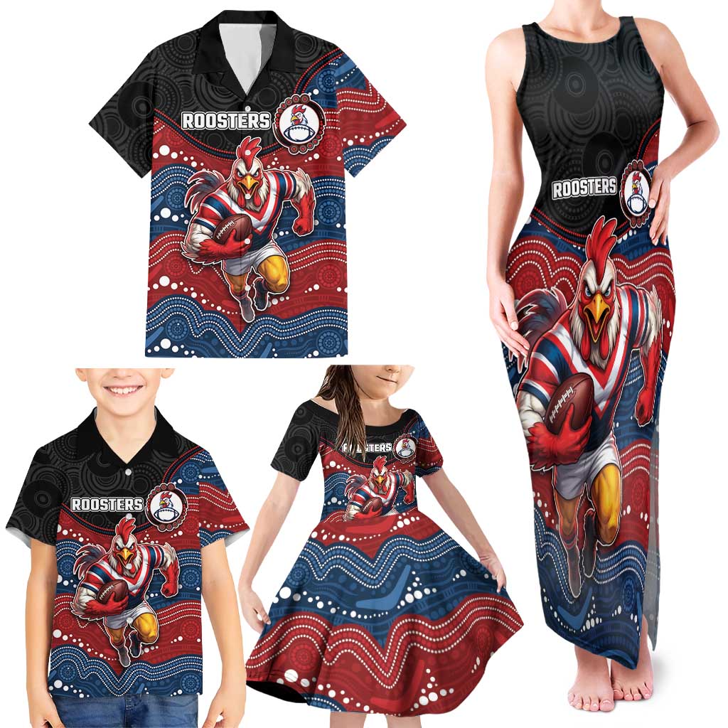 Custom Roosters Family Matching Tank Maxi Dress and Hawaiian Shirt Chicken Mascot With Aboriginal Indigenous