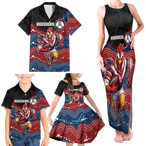 Custom Roosters Family Matching Tank Maxi Dress and Hawaiian Shirt Chicken Mascot With Aboriginal Indigenous