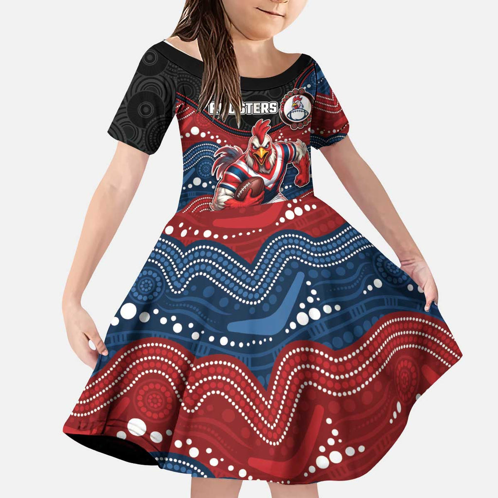 Custom Roosters Kid Short Sleeve Dress Chicken Mascot With Aboriginal Indigenous