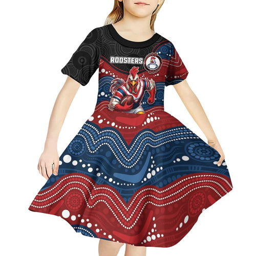 Custom Roosters Kid Short Sleeve Dress Chicken Mascot With Aboriginal Indigenous