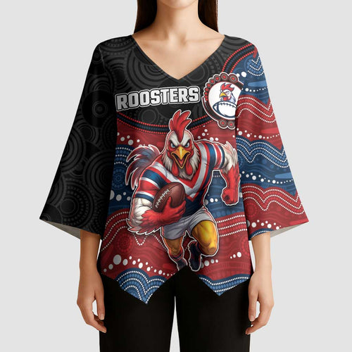 Custom Roosters Kimono Sleeve Blouse Chicken Mascot With Aboriginal Indigenous