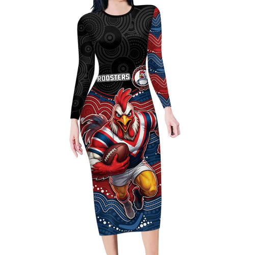 Custom Roosters Long Sleeve Bodycon Dress Chicken Mascot With Aboriginal Indigenous