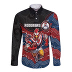 Custom Roosters Long Sleeve Button Shirt Chicken Mascot With Aboriginal Indigenous