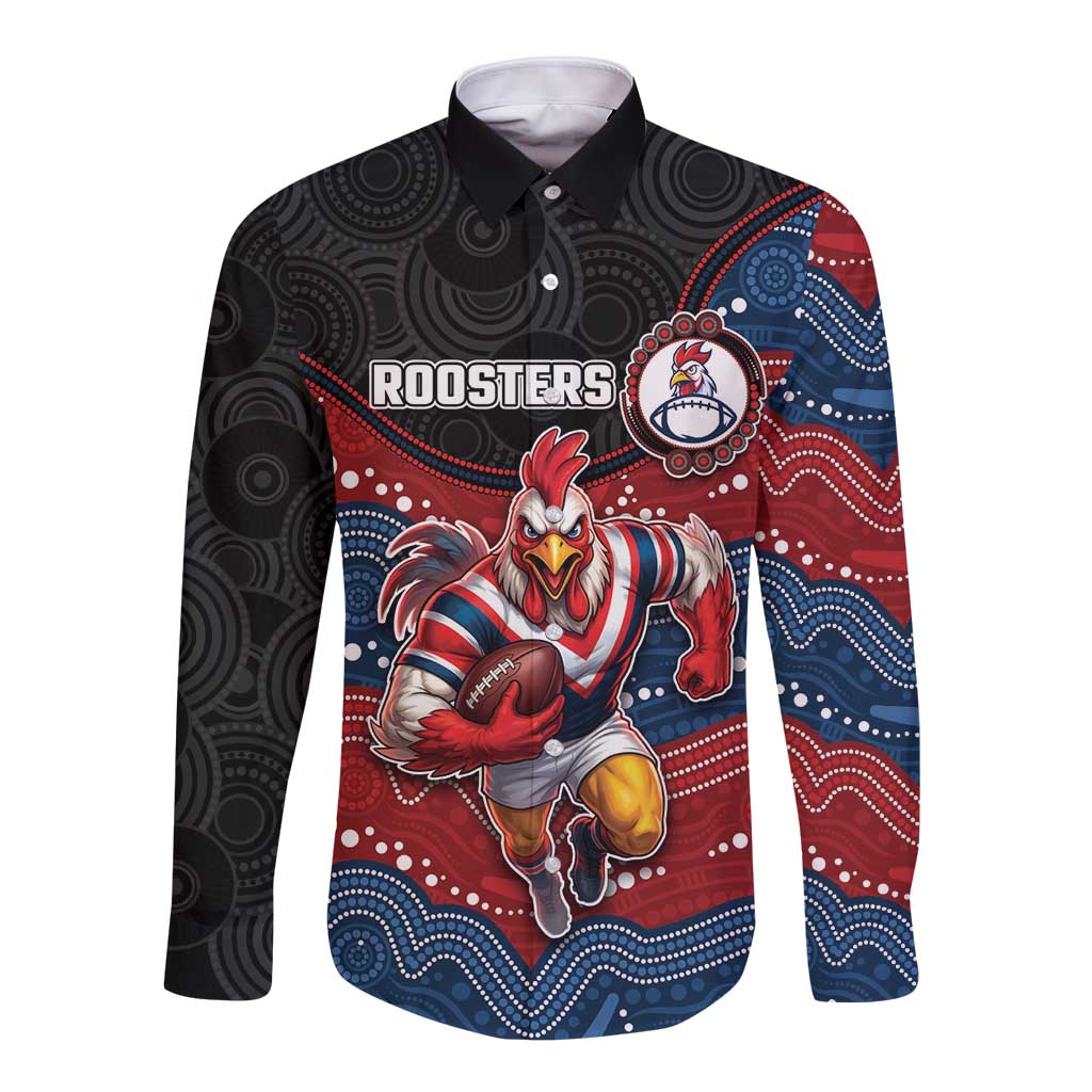 Custom Roosters Long Sleeve Button Shirt Chicken Mascot With Aboriginal Indigenous