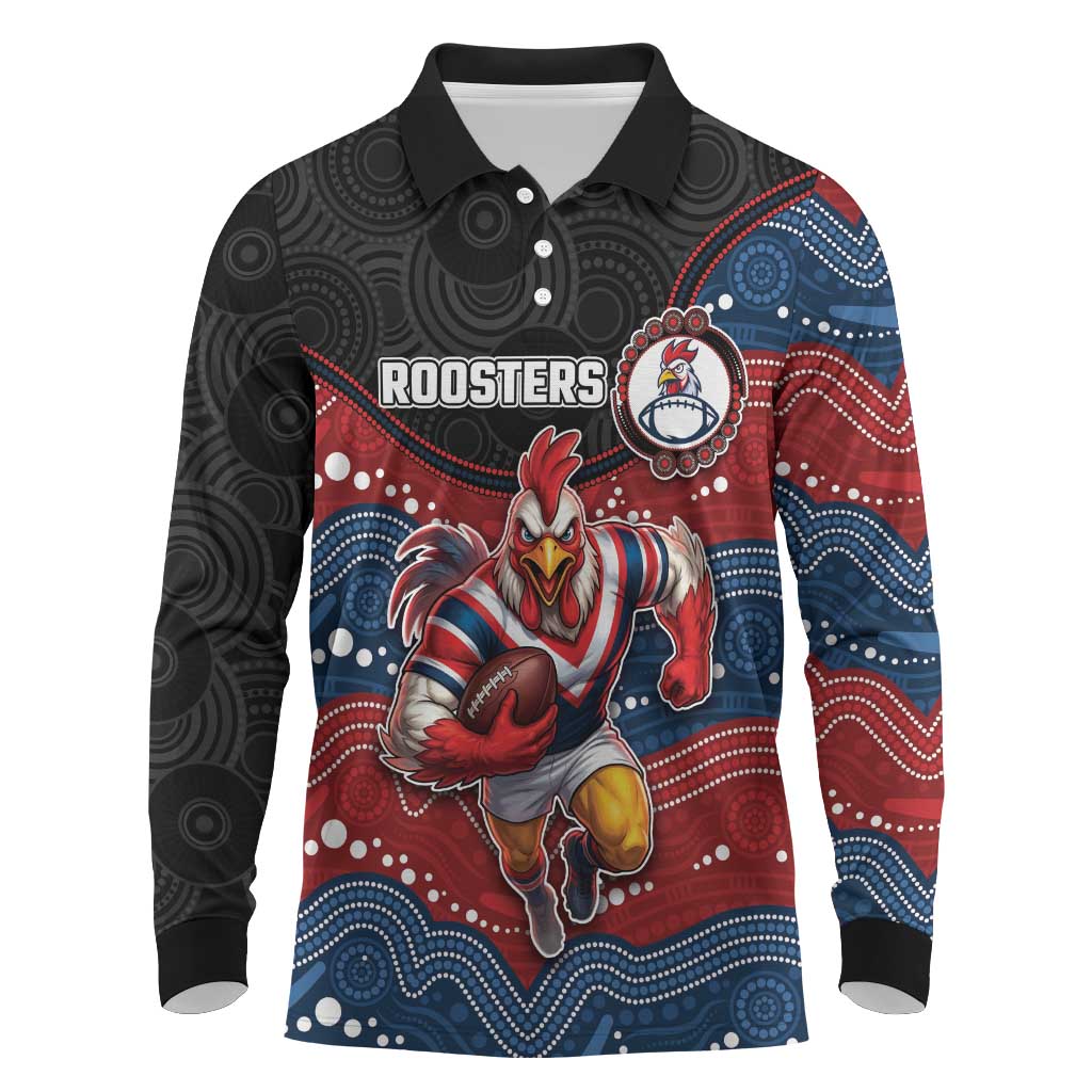 Custom Roosters Long Sleeve Polo Shirt Chicken Mascot With Aboriginal Indigenous